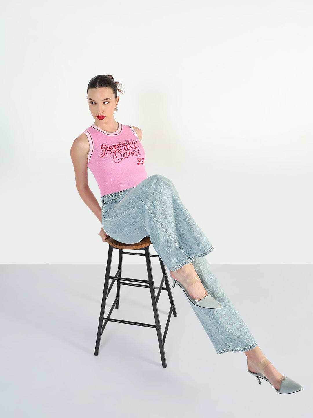 Women's Ribbed Typography Pink Crop Top