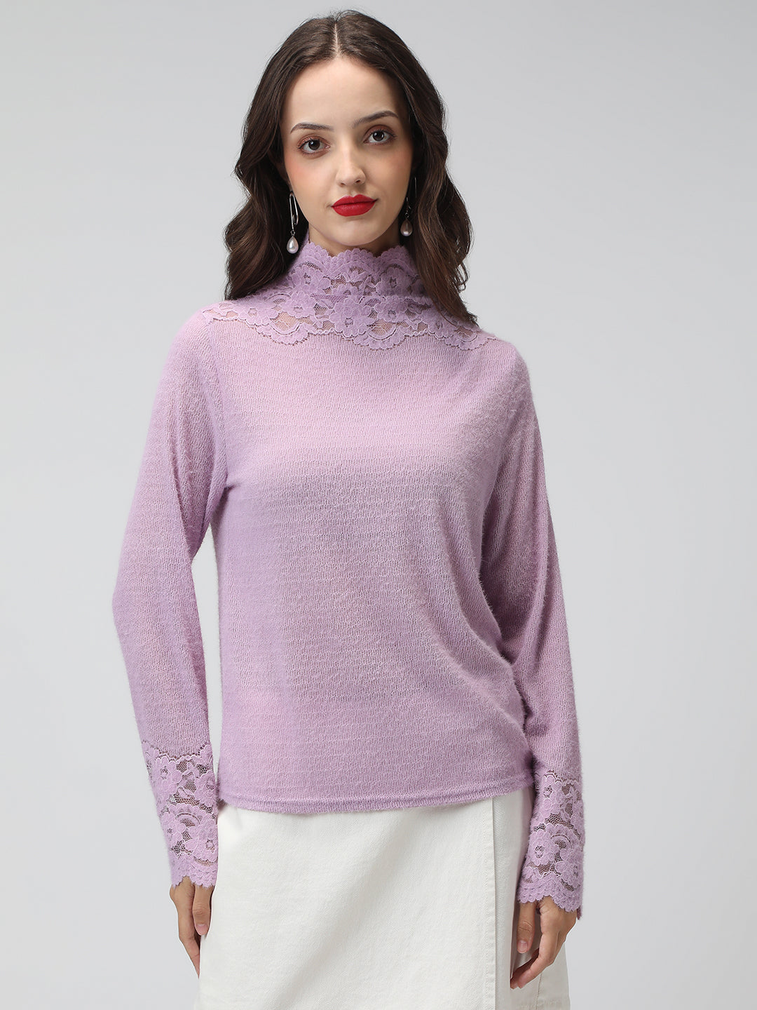 Women's Textured Lavender Long Sleeve Top with Lace Trim Details