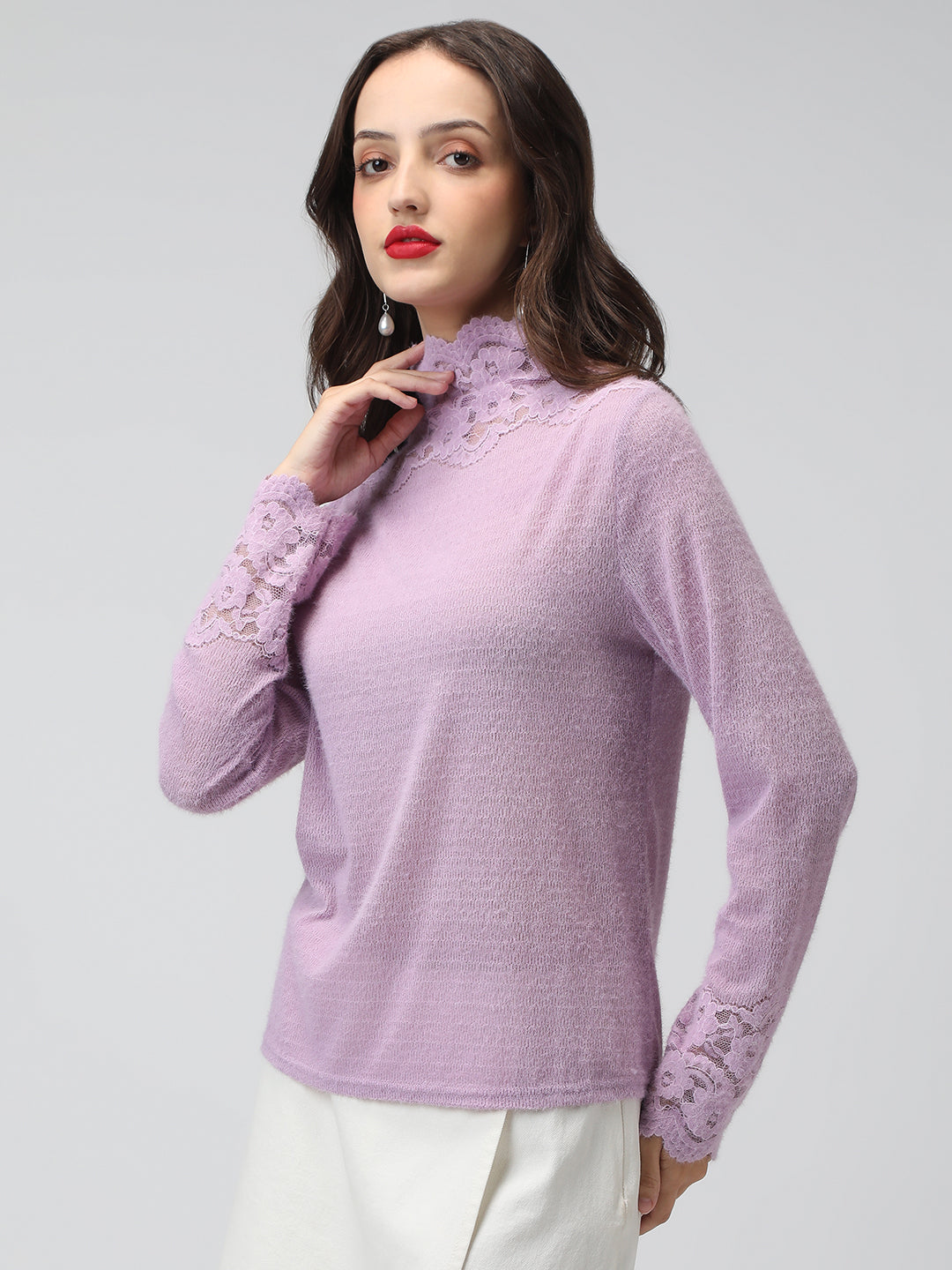 Women's Textured Lavender Long Sleeve Top with Lace Trim Details