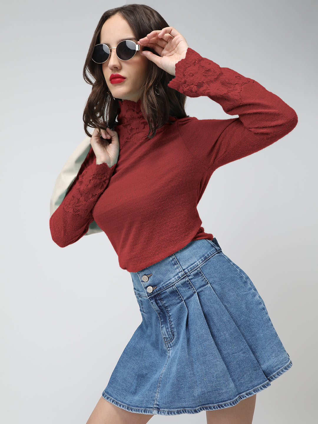 Women's Textured  Maroon Long Sleeve Top with Lace Trim Details