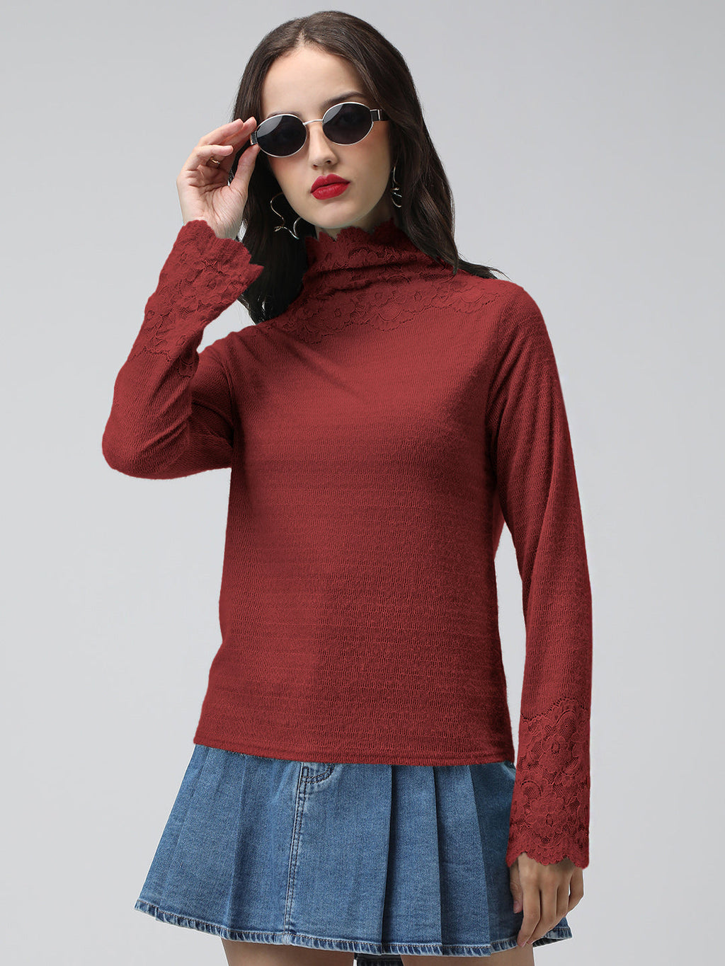 Women's Textured  Maroon Long Sleeve Top with Lace Trim Details