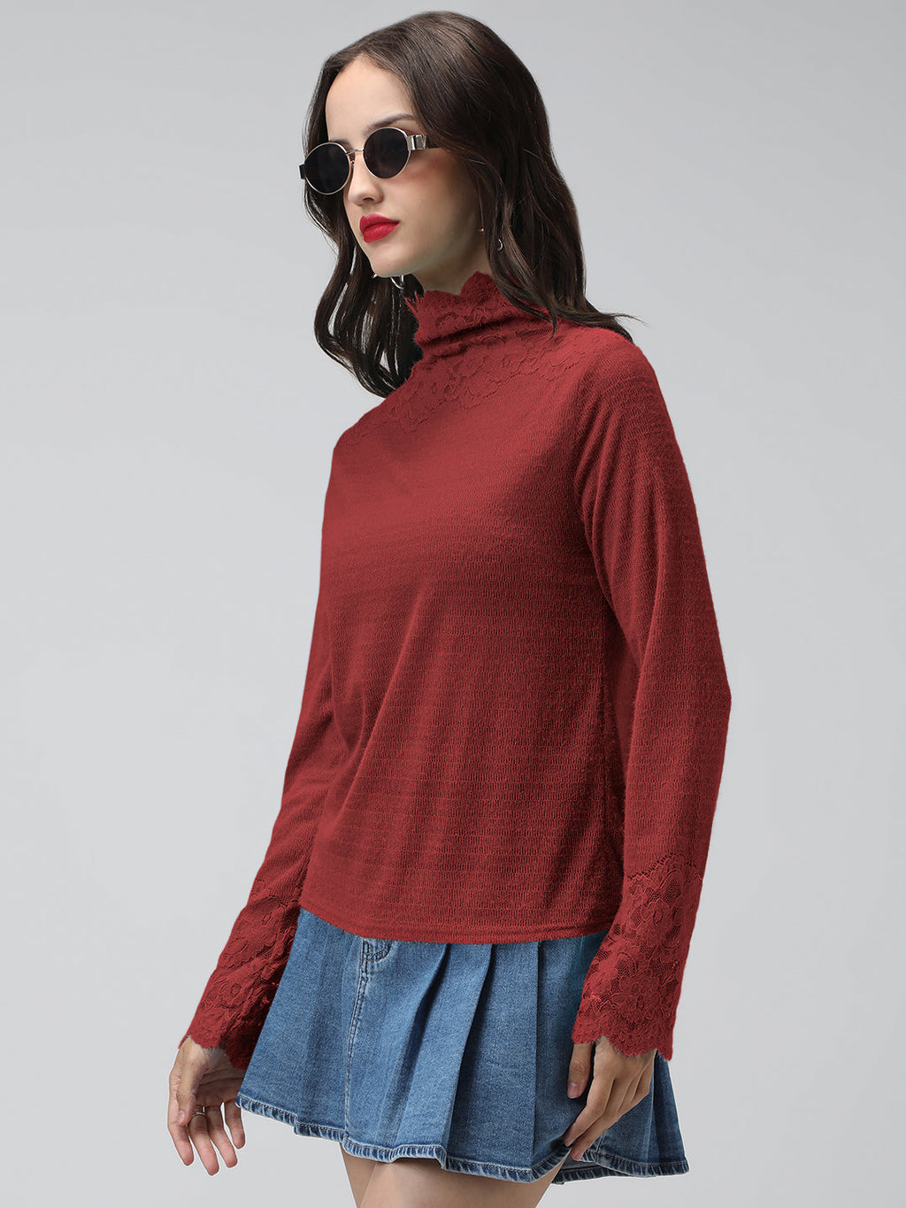 Women's Textured  Maroon Long Sleeve Top with Lace Trim Details