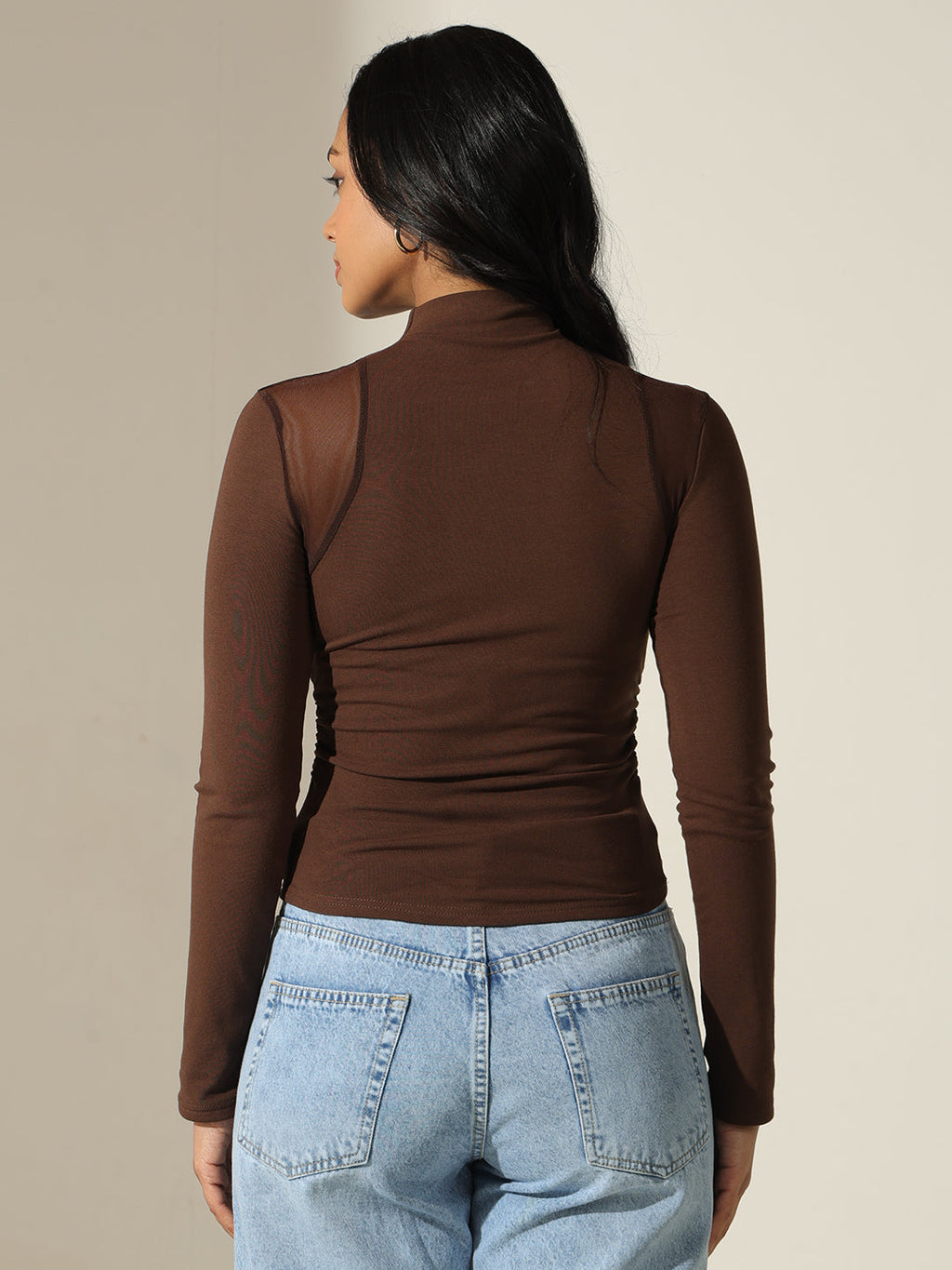 Women's Brown Mock Neck Top with Mesh Shoulder Detail
