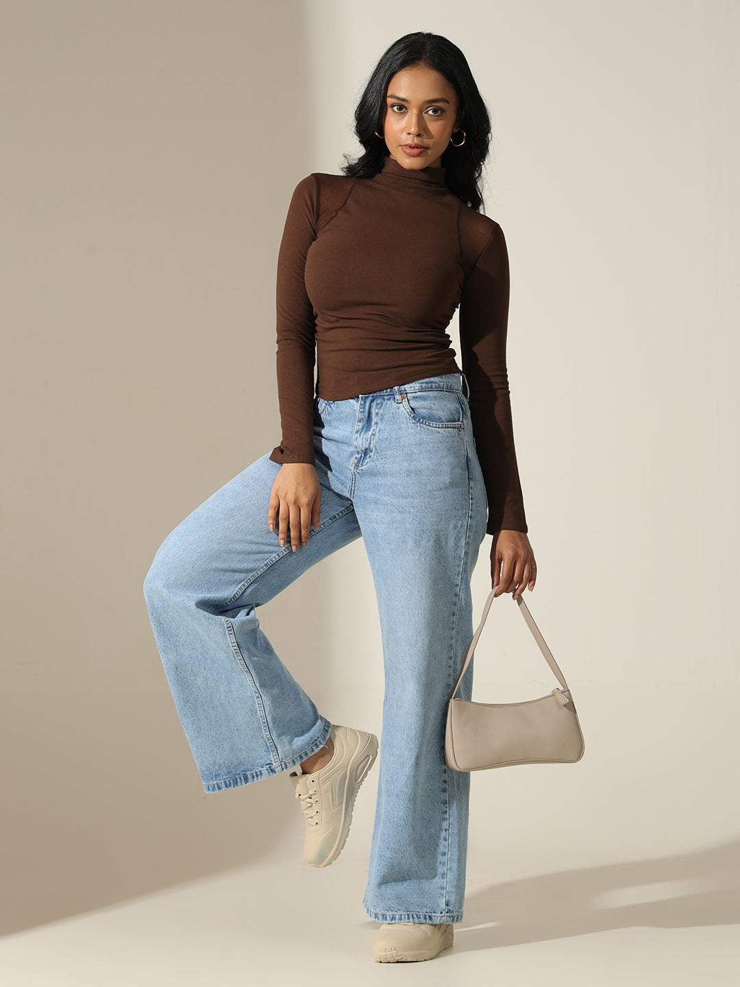 Women's Brown Mock Neck Top with Mesh Shoulder Detail