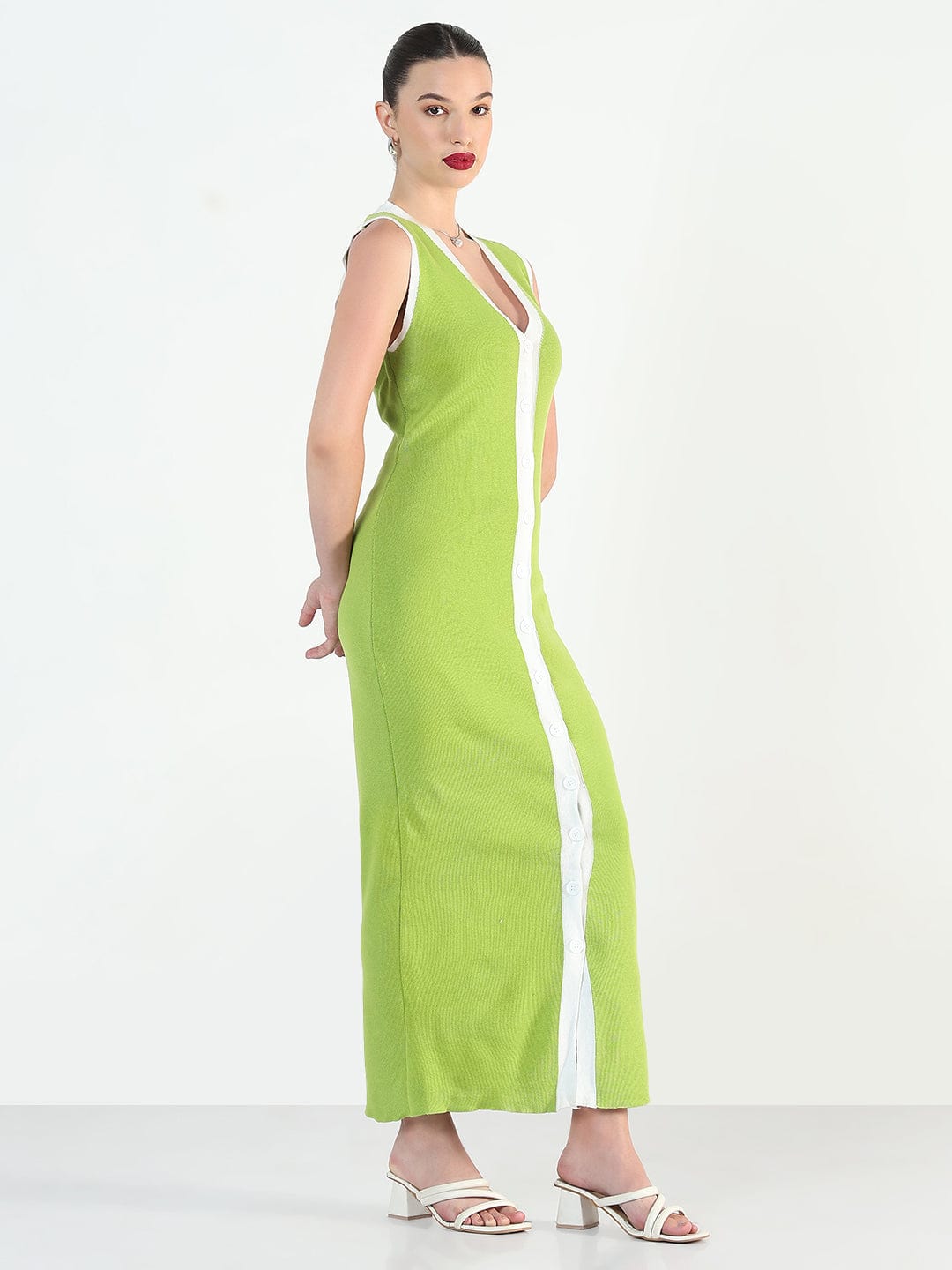 Women's Green V-Neck Sleeveless Bodycon Dresses