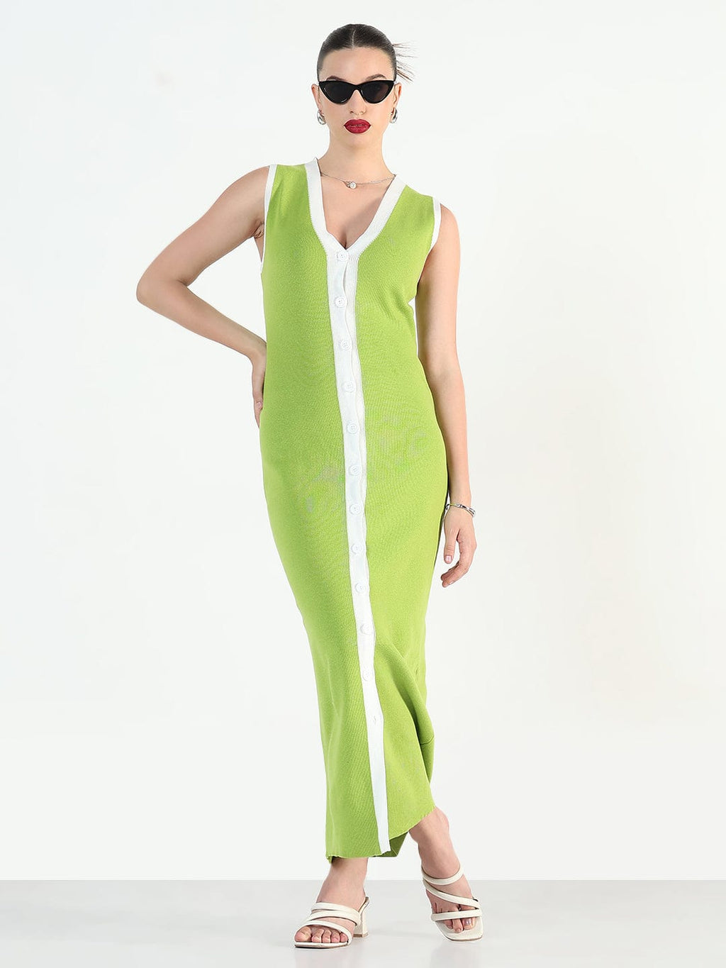 Women's Green V-Neck Sleeveless Bodycon Dresses