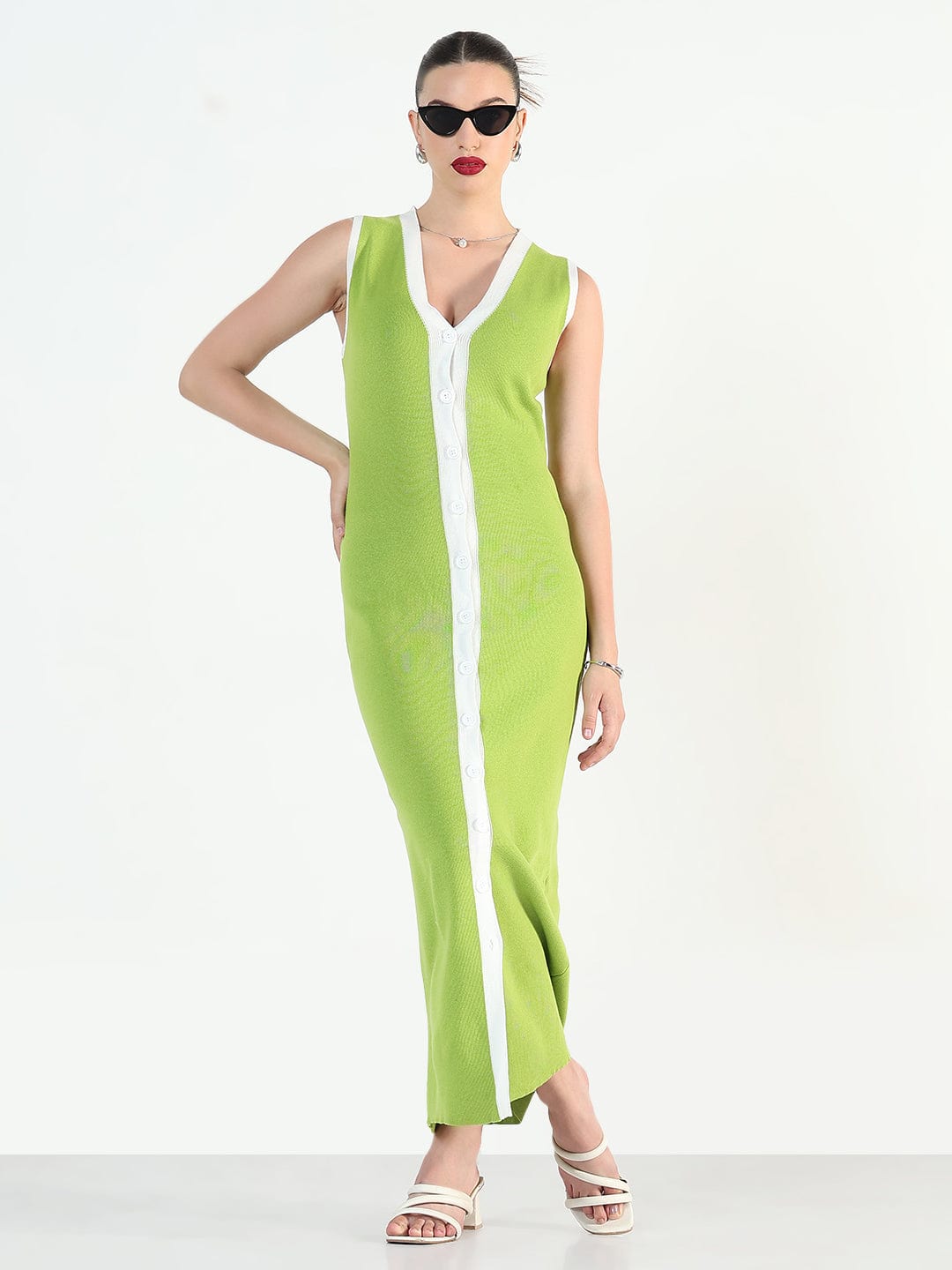 Women's Green V-Neck Sleeveless Bodycon Dresses