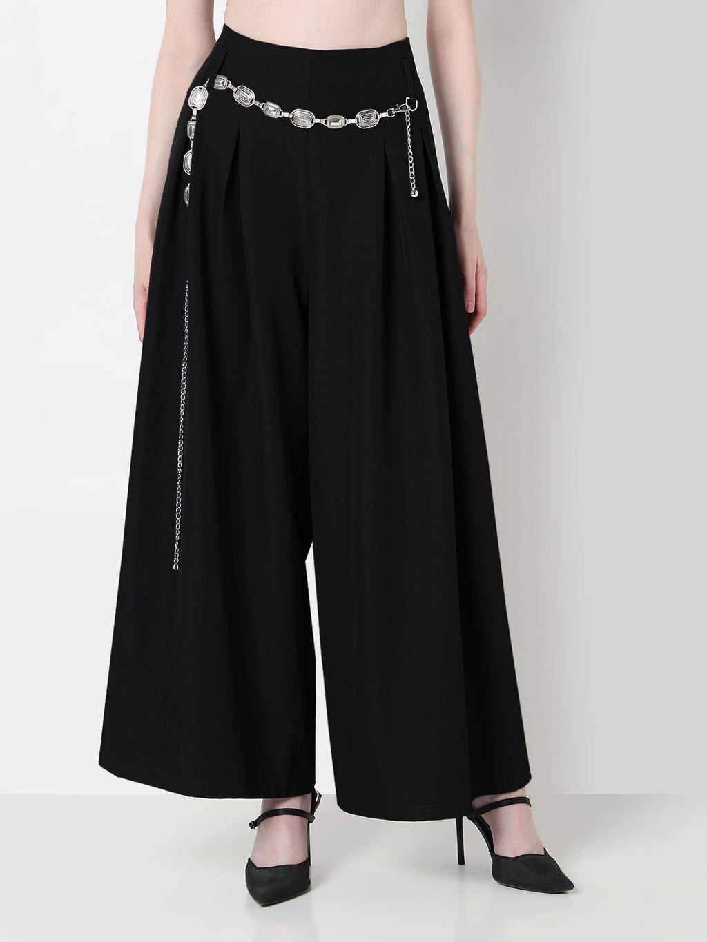 Women's Pleated Black Wide Leg Trousers with Belt