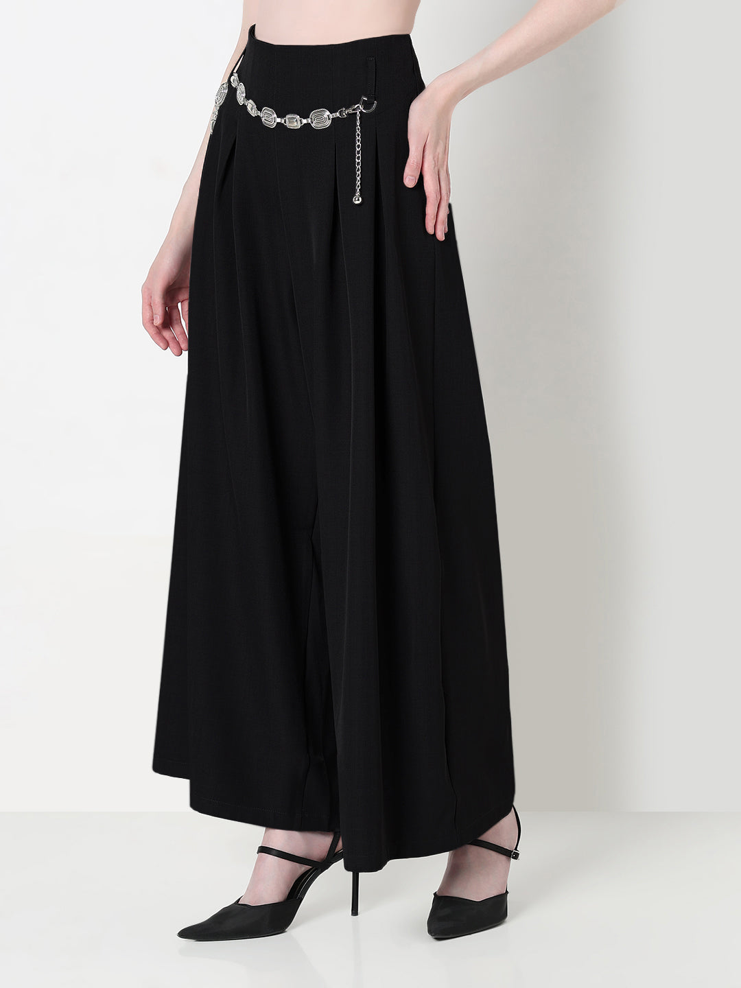 Women's Pleated Black Wide Leg Trousers with Belt