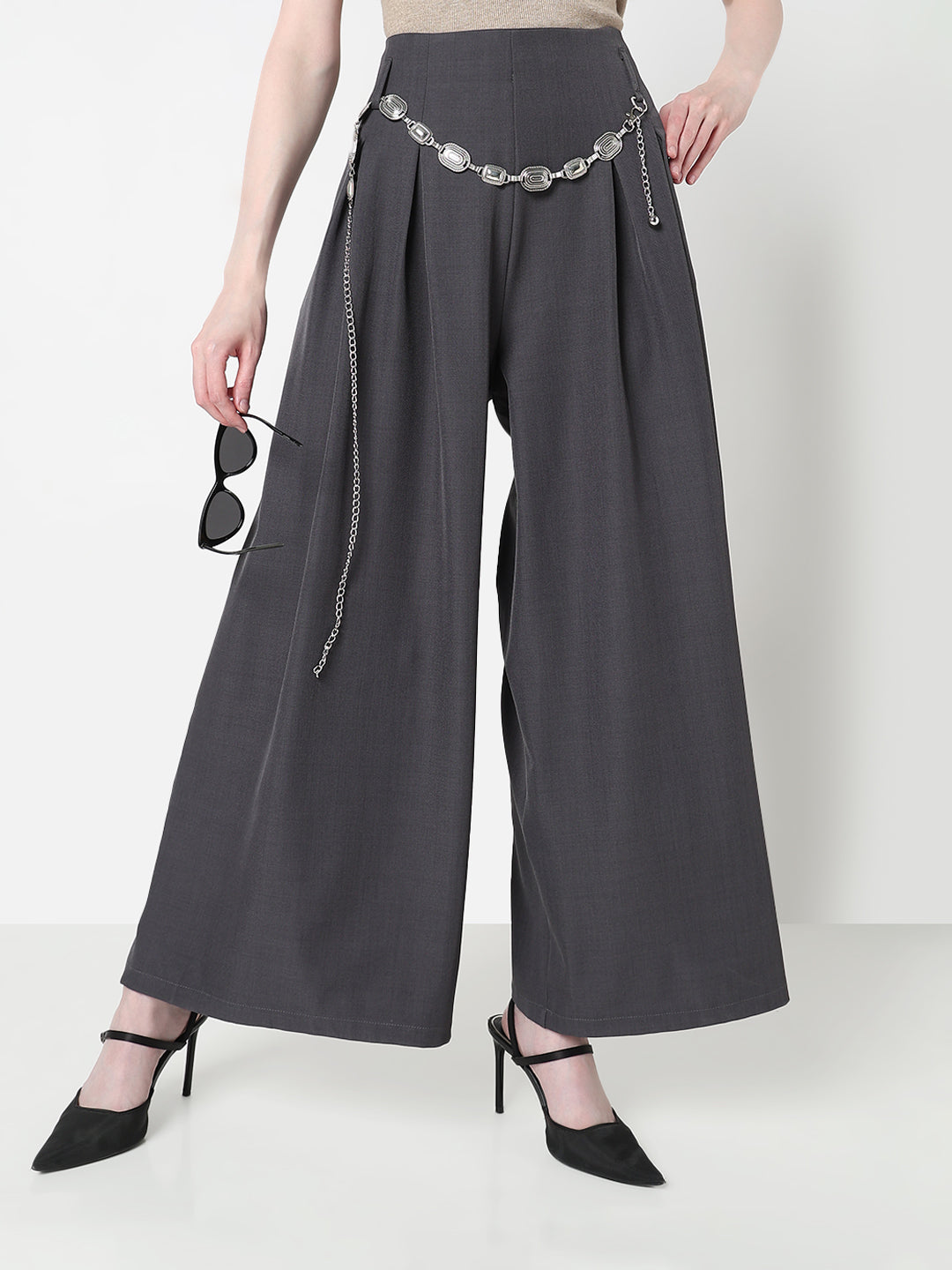 Women's Pleated Grey Wide Leg Trousers with Belt