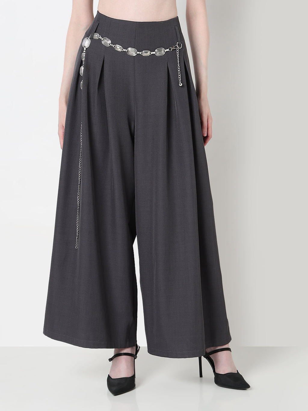 Women's Pleated Grey Wide Leg Trousers with Belt