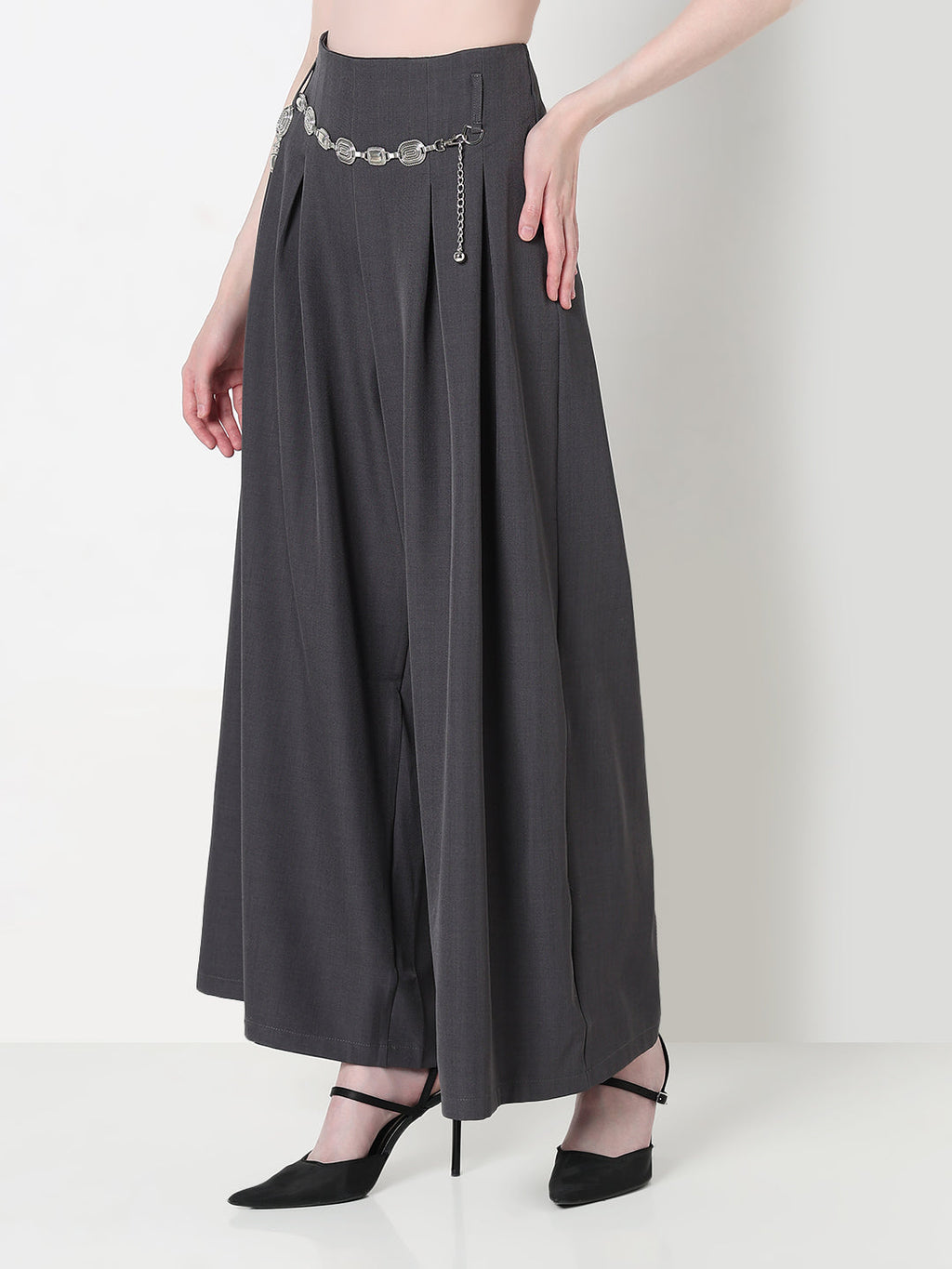 Women's Pleated Grey Wide Leg Trousers with Belt