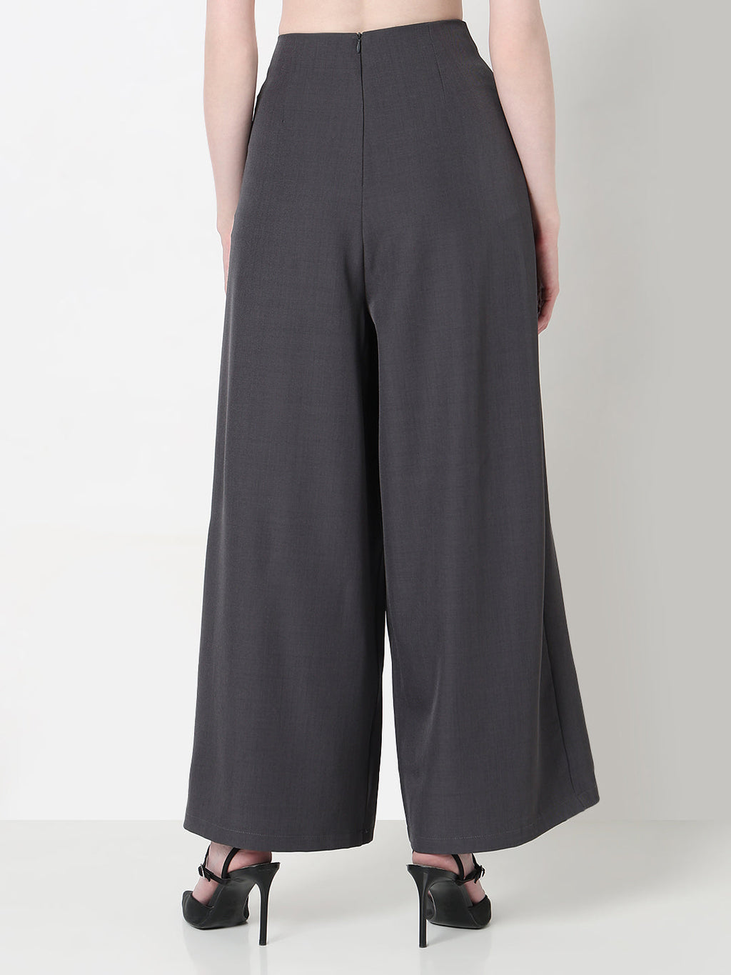 Women's Pleated Grey Wide Leg Trousers with Belt