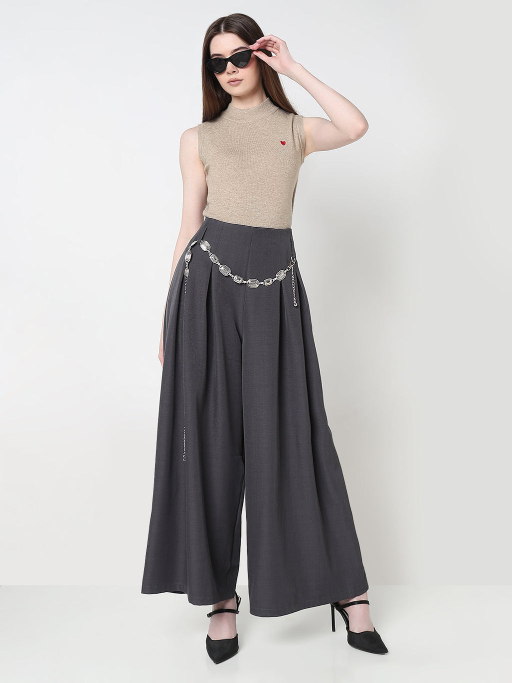 Women's Pleated Grey Wide Leg Trousers with Belt