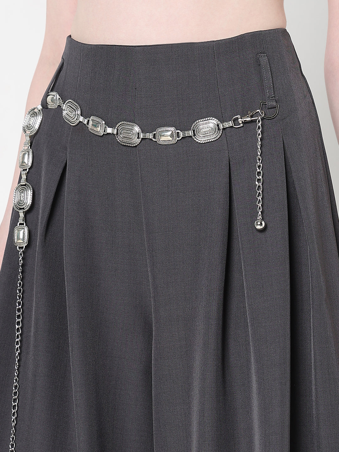 Women's Pleated Grey Wide Leg Trousers with Belt