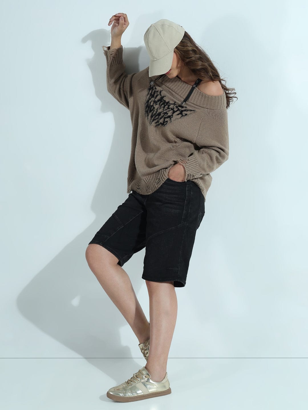 Women's Distressed Beige Off-Shoulder Sweater with Grunge Detailing