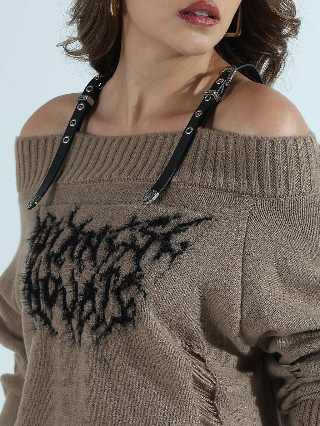Women's Distressed Beige Off-Shoulder Sweater with Grunge Detailing