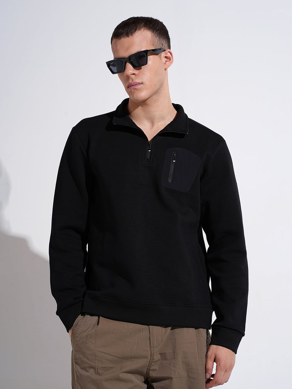 Men's Black High Neck Sweater with Pocket Detail