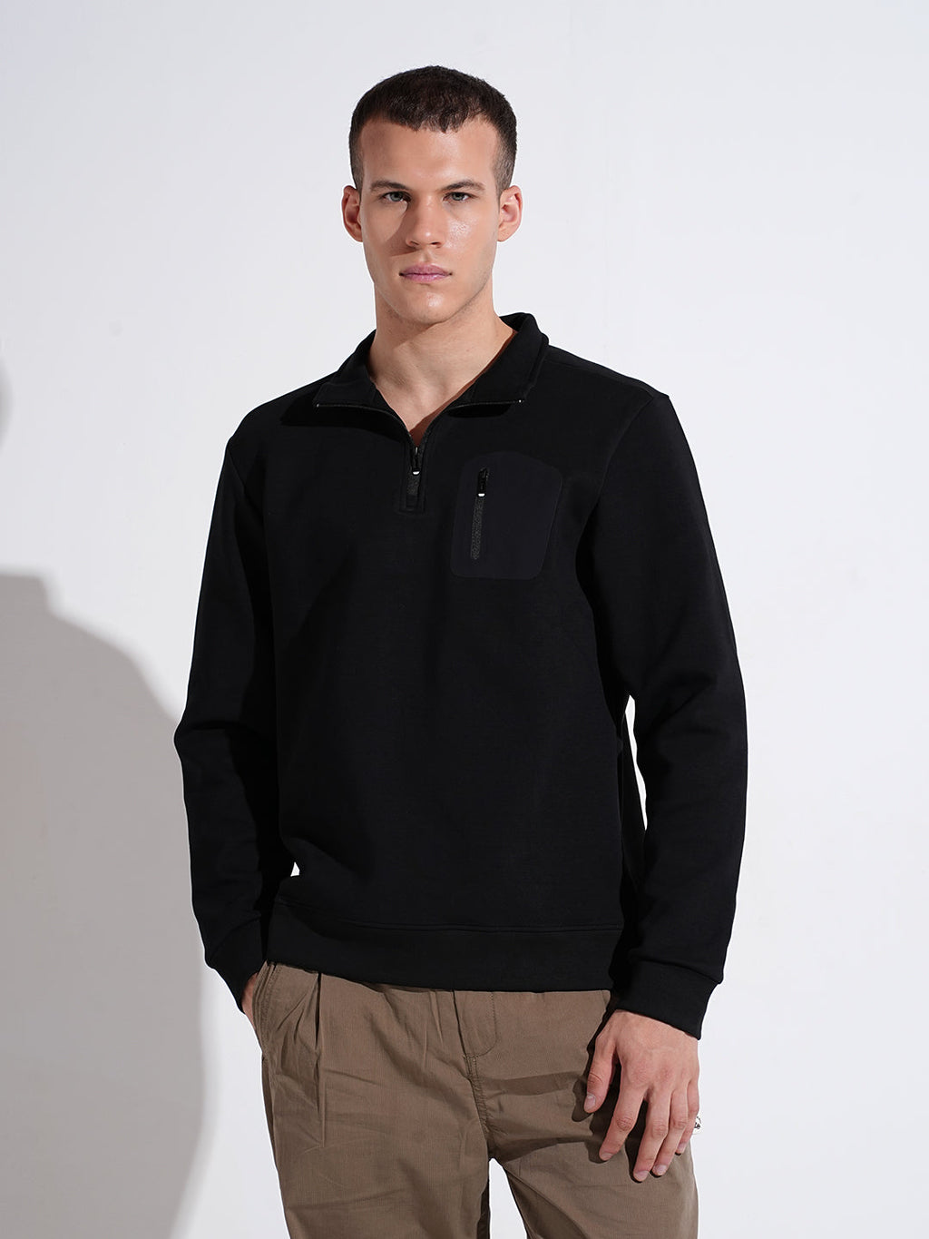 Men's Black High Neck Sweater with Pocket Detail