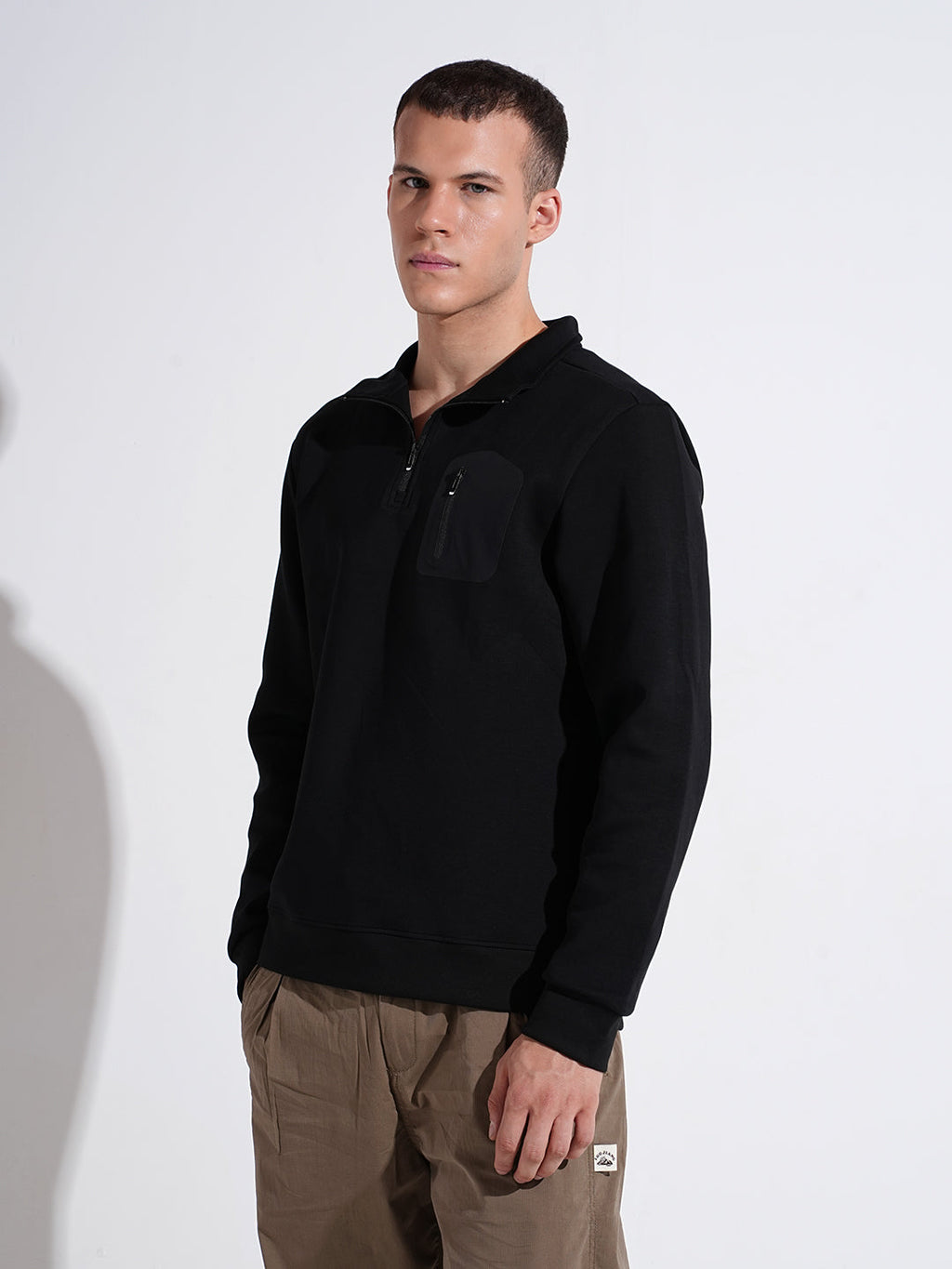 Men's Black High Neck Sweater with Pocket Detail