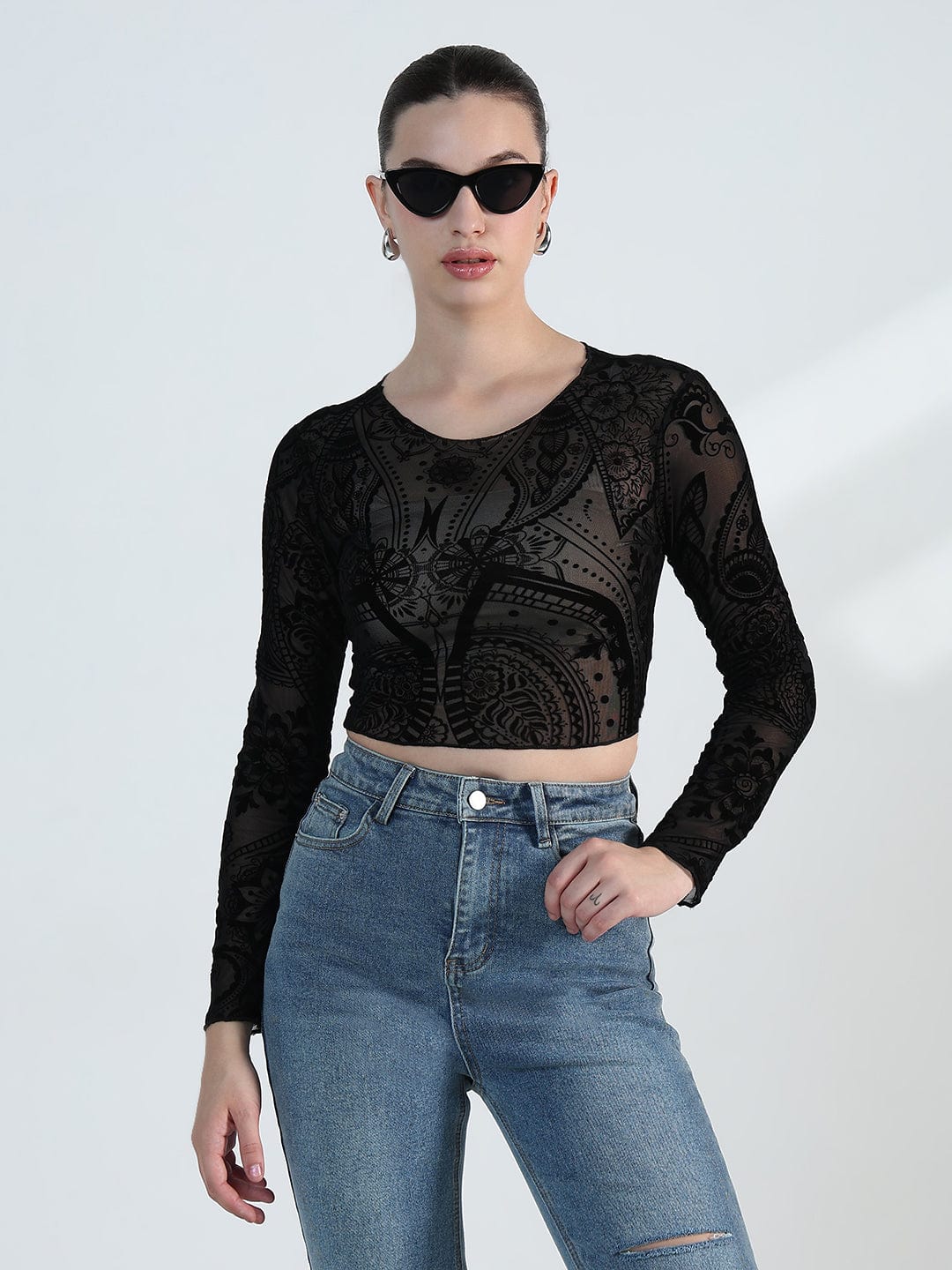 Women's Printed Round Neck Black Mesh Crop Top