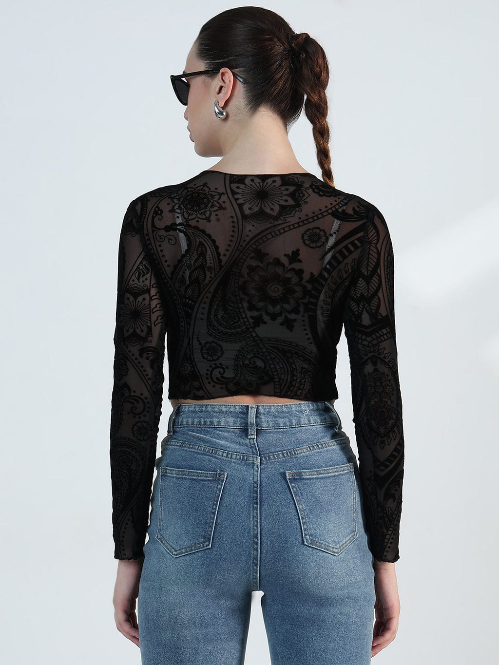 Women's Printed Round Neck Black Mesh Crop Top