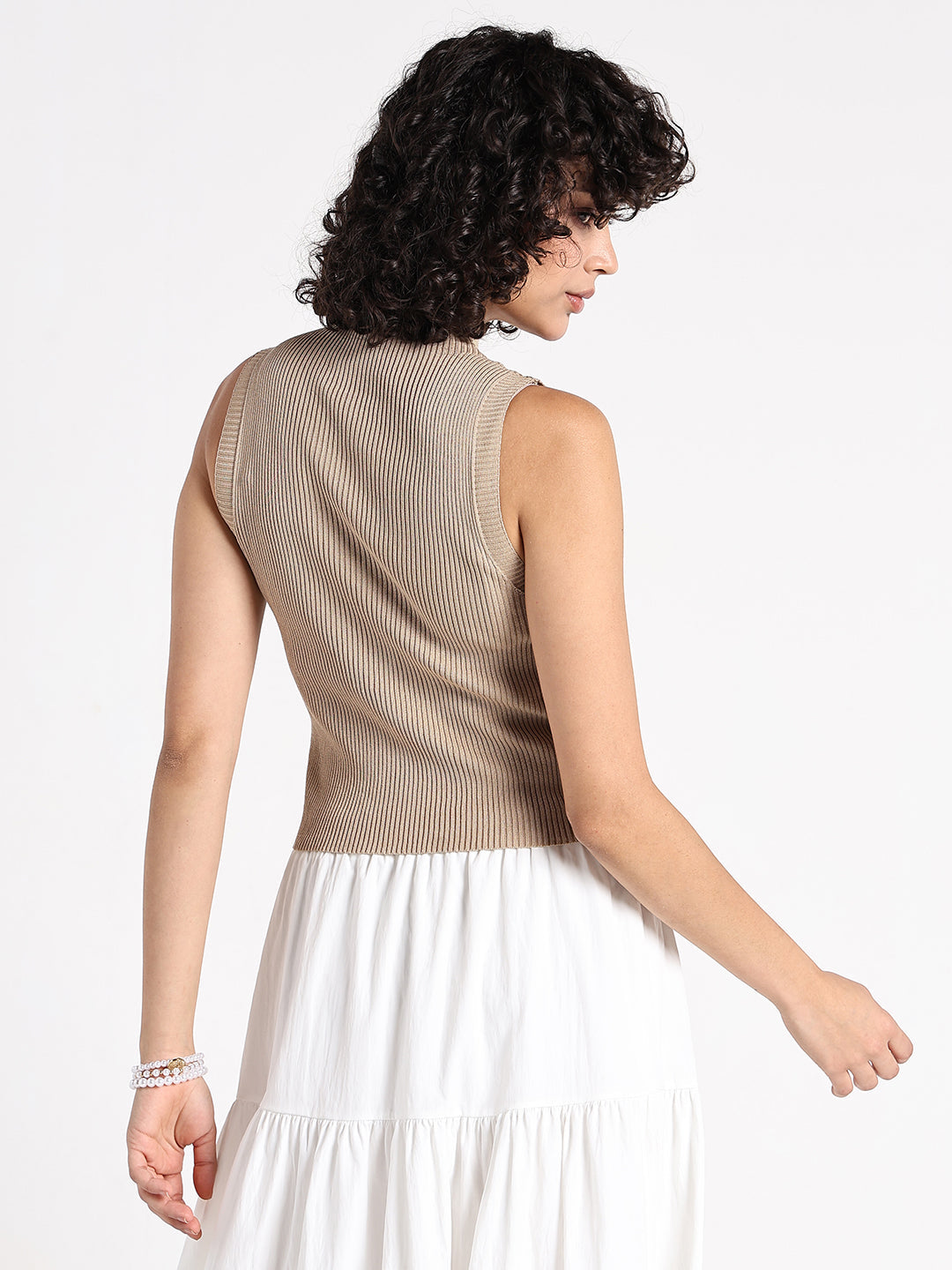 Women's Beige Ribbed Sleeveless High Neck Top