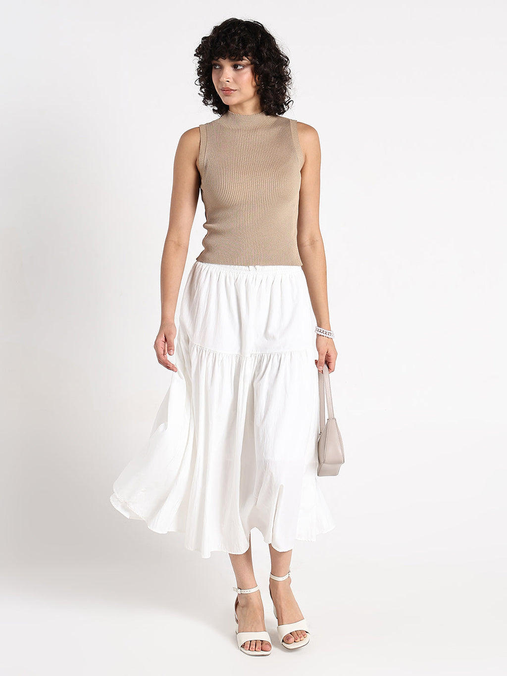 Women's Beige Ribbed Sleeveless High Neck Top