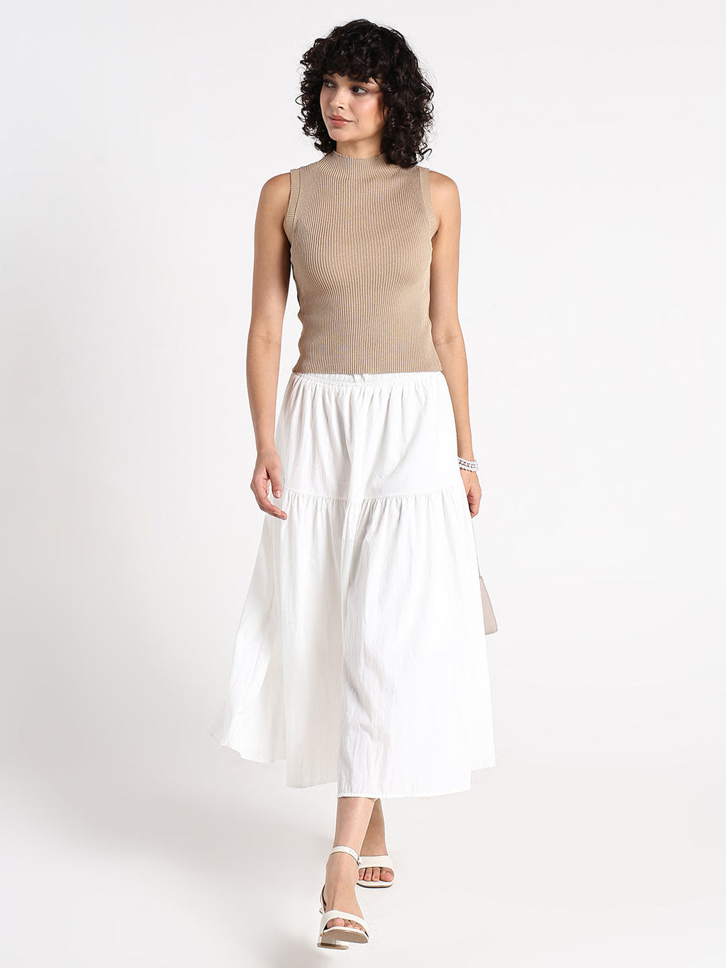 Women's Beige Ribbed Sleeveless High Neck Top