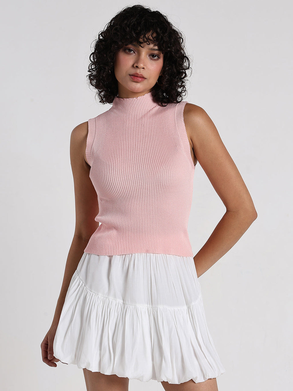 Women's Peach Ribbed Sleeveless High Neck Top