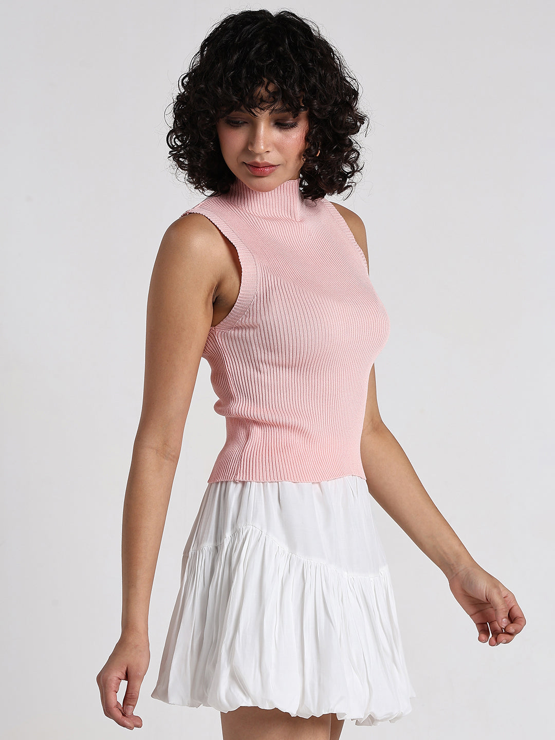 Women's Peach Ribbed Sleeveless High Neck Top