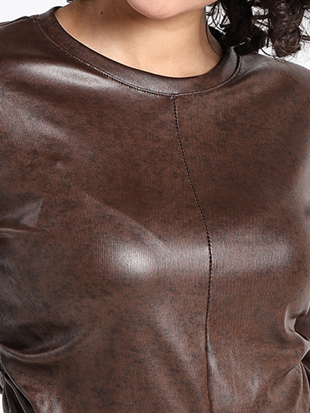 Women's Brown Long Sleeve Faux Leather Top with Front Slit
