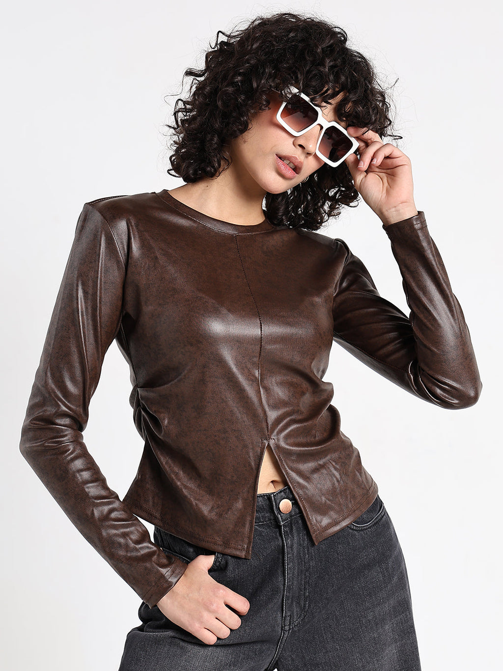 Women's Brown Long Sleeve Faux Leather Top with Front Slit
