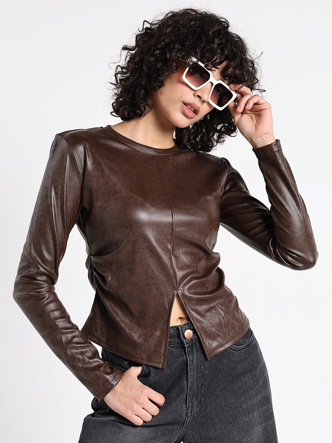 Women's Brown Long Sleeve Faux Leather Top with Front Slit