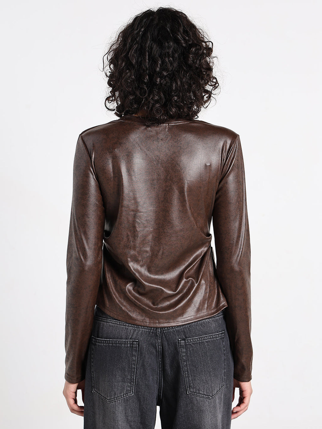 Women's Brown Long Sleeve Faux Leather Top with Front Slit