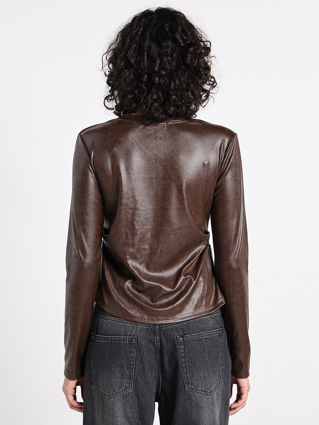 Women's Brown Long Sleeve Faux Leather Top with Front Slit