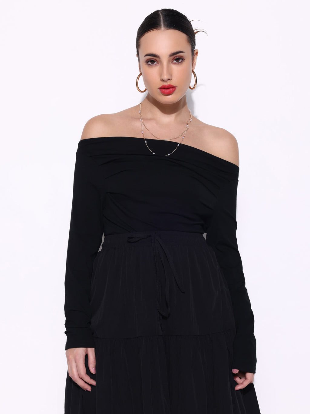 Women's Pleated Black Full sleeves Off Shoulder Top