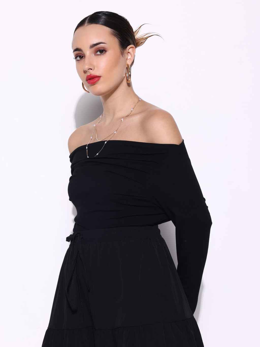 Women's Pleated Black Full sleeves Off Shoulder Top