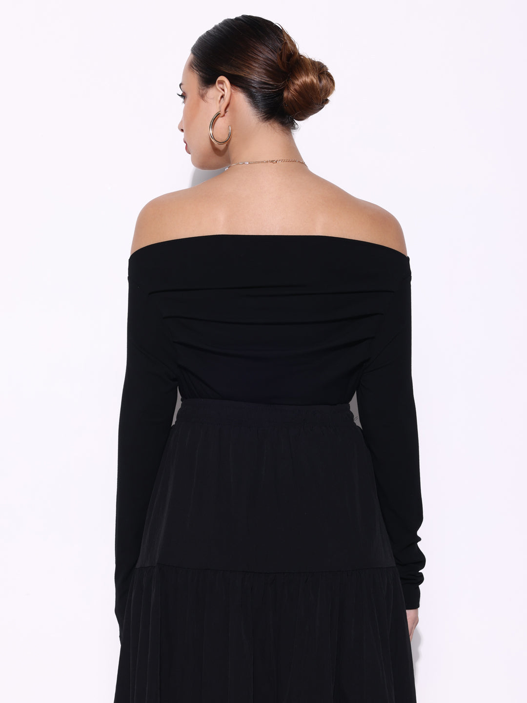 Women's Pleated Black Full sleeves Off Shoulder Top