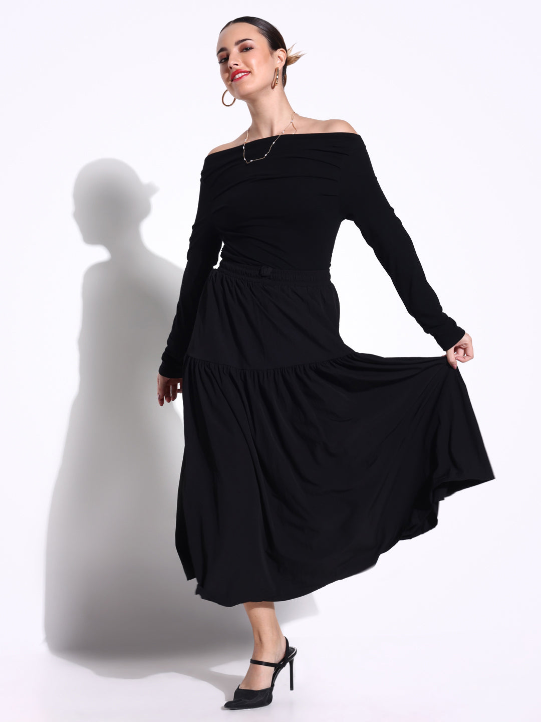 Women's Pleated Black Full sleeves Off Shoulder Top