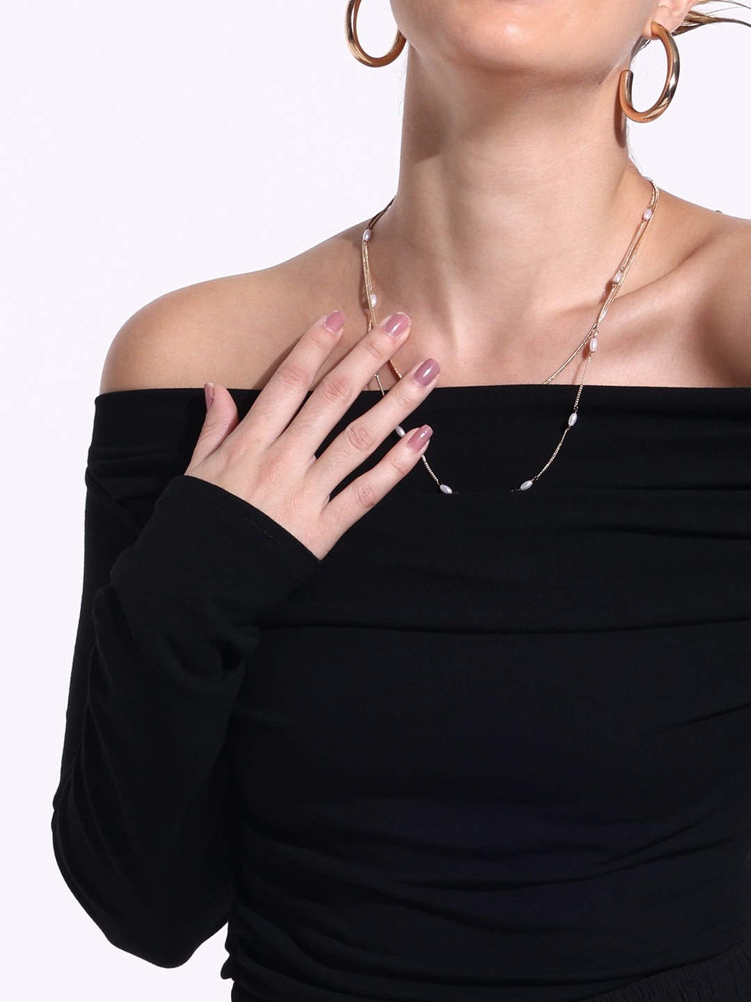 Women's Pleated Black Full sleeves Off Shoulder Top