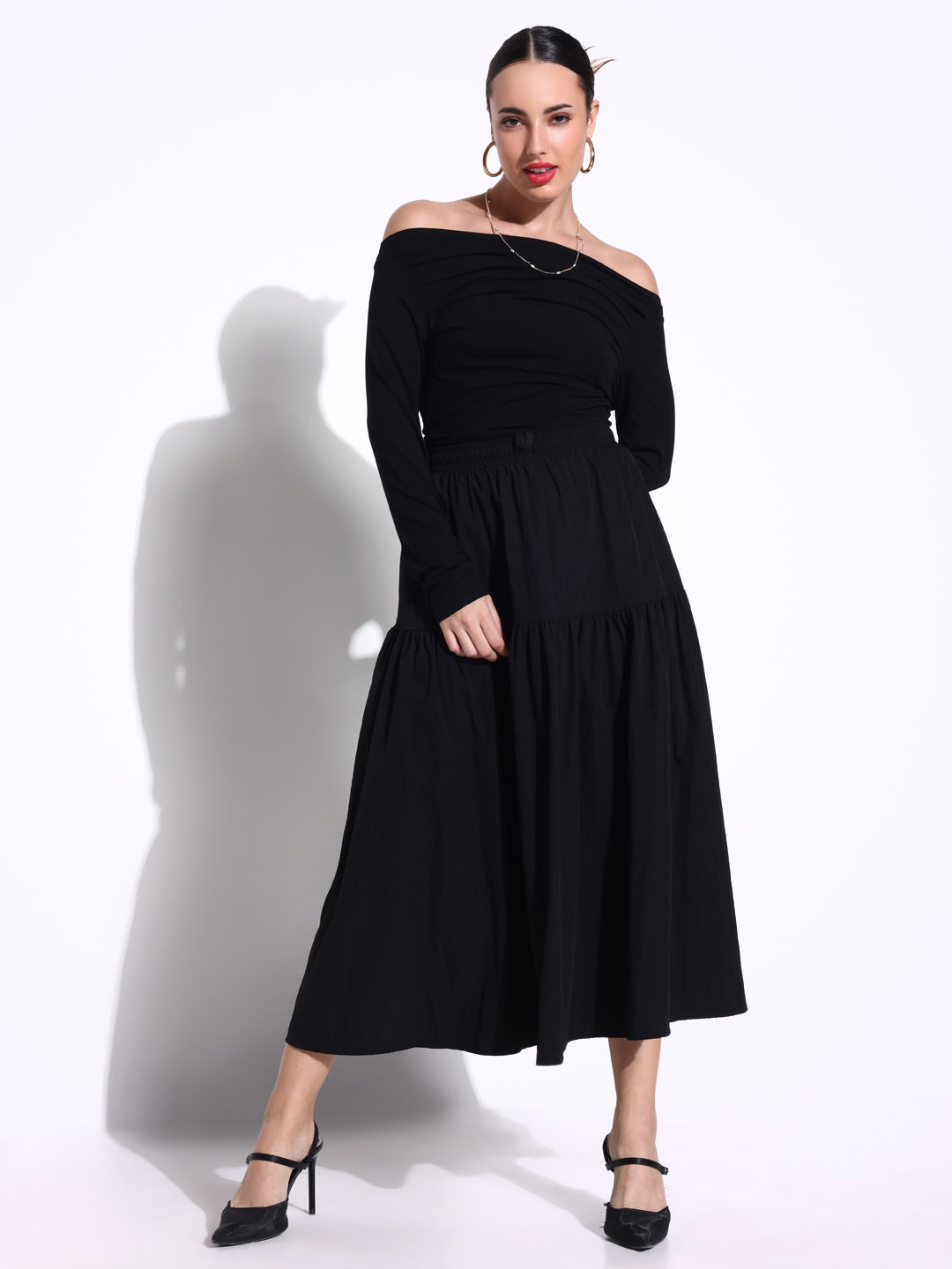 Women's Pleated Black Full sleeves Off Shoulder Top