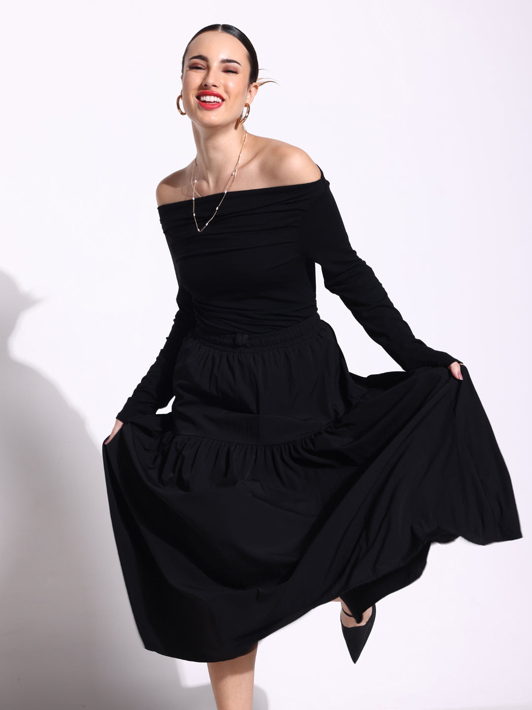 Women's Pleated Black Full sleeves Off Shoulder Top