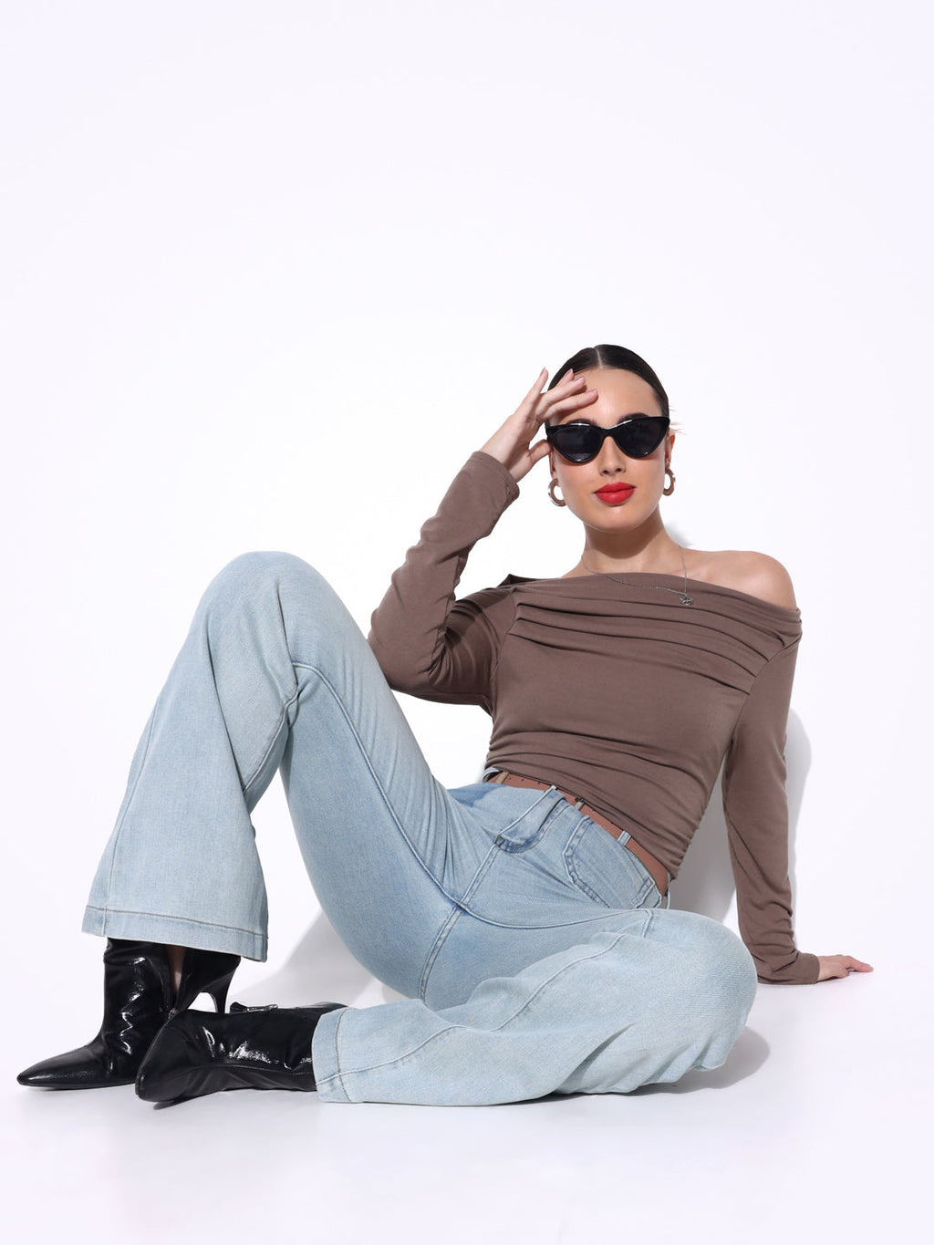 Women's Pleated Olive Boat Neck Full Sleeves Top