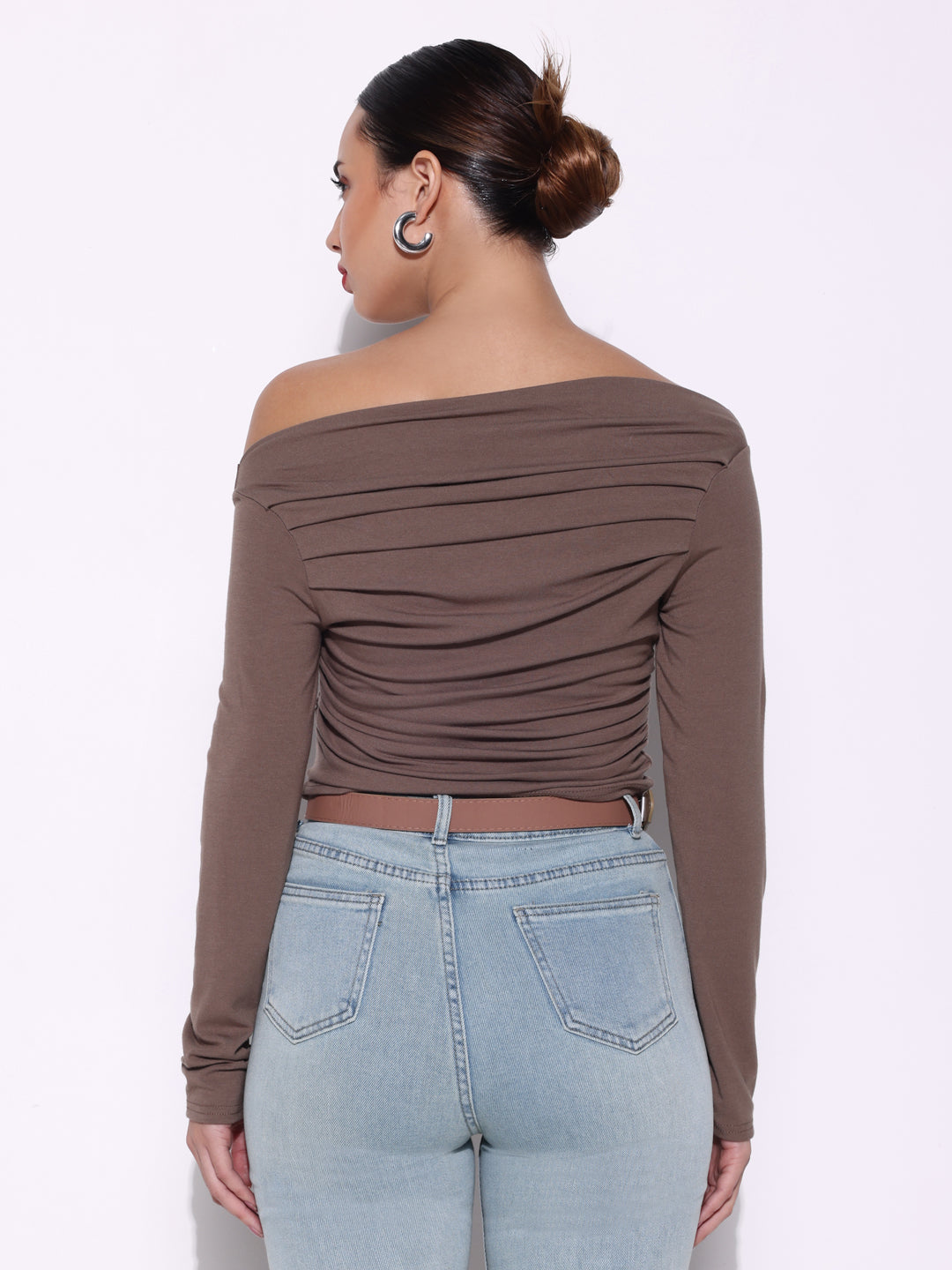 Women's Pleated Olive Boat Neck Full Sleeves Top