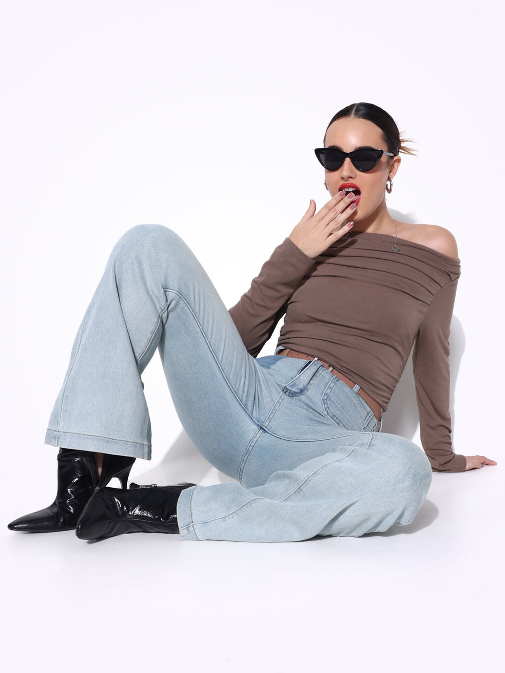 Women's Pleated Olive Boat Neck Full Sleeves Top