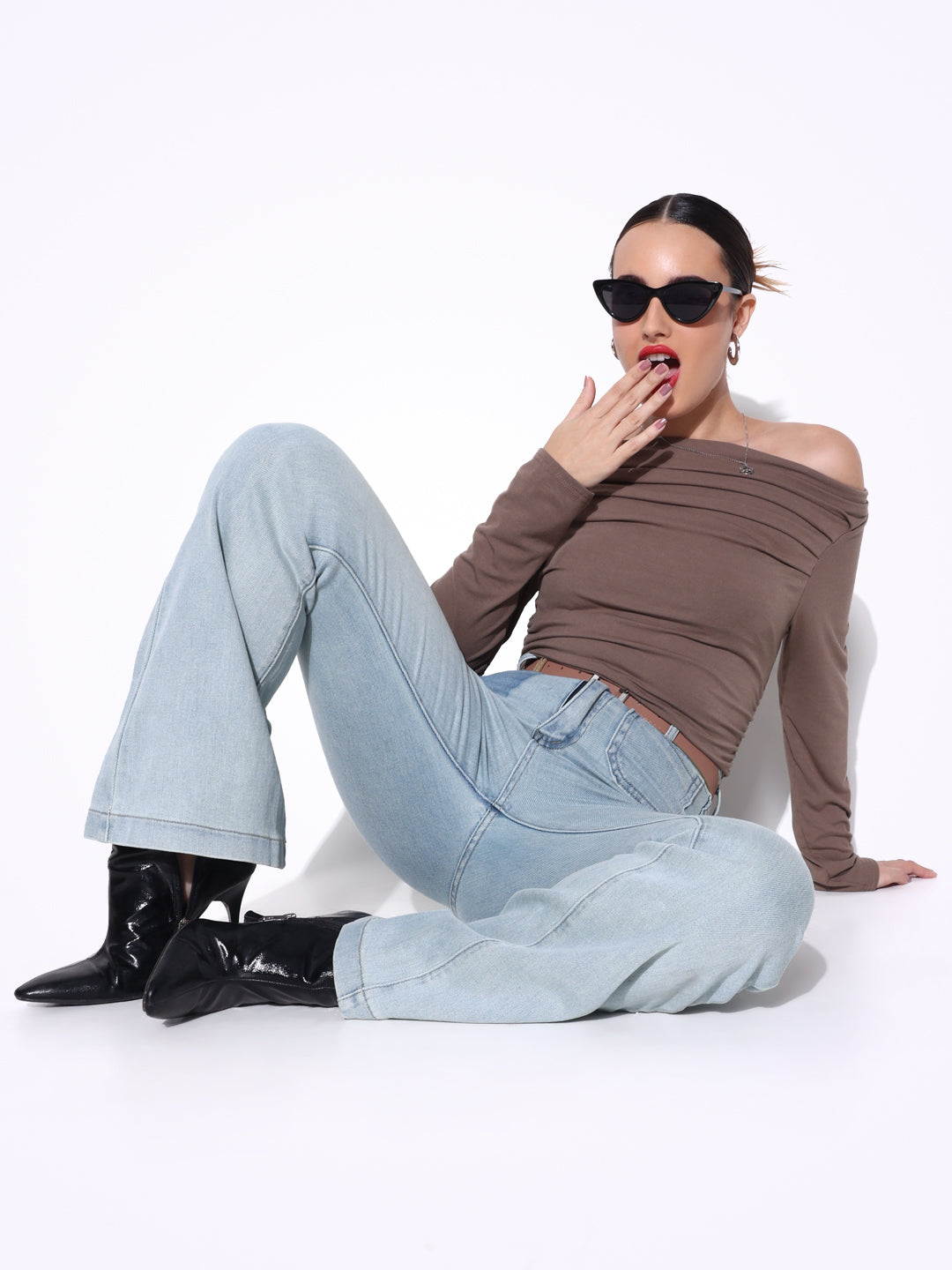 Women's Pleated Olive Boat Neck Full Sleeves Top