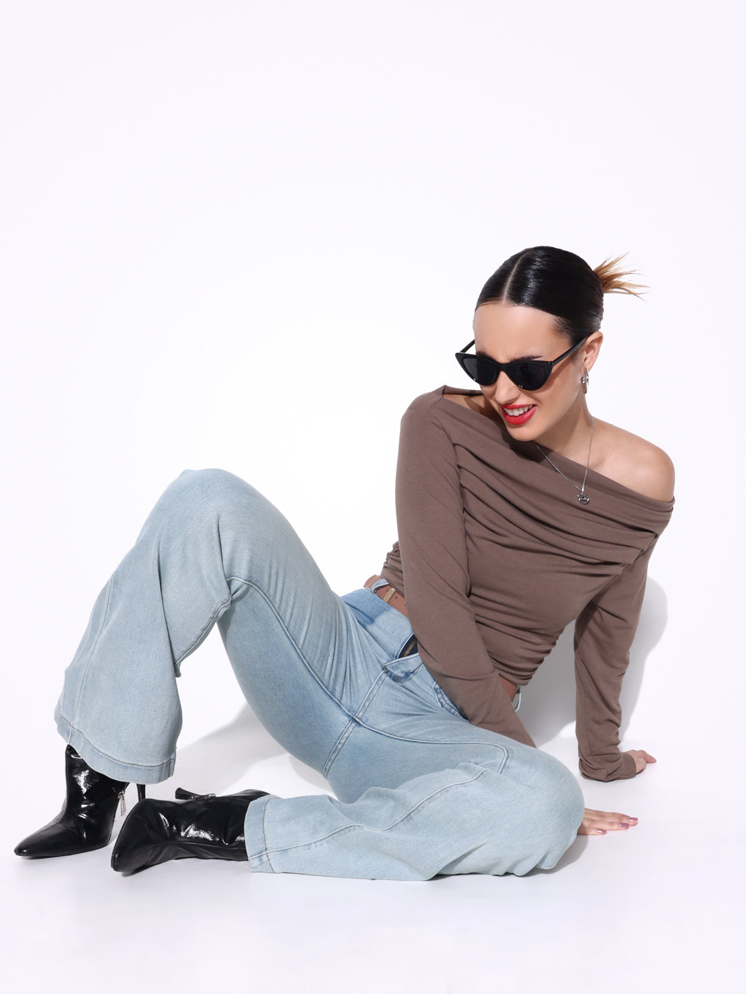 Women's Pleated Olive Boat Neck Full Sleeves Top