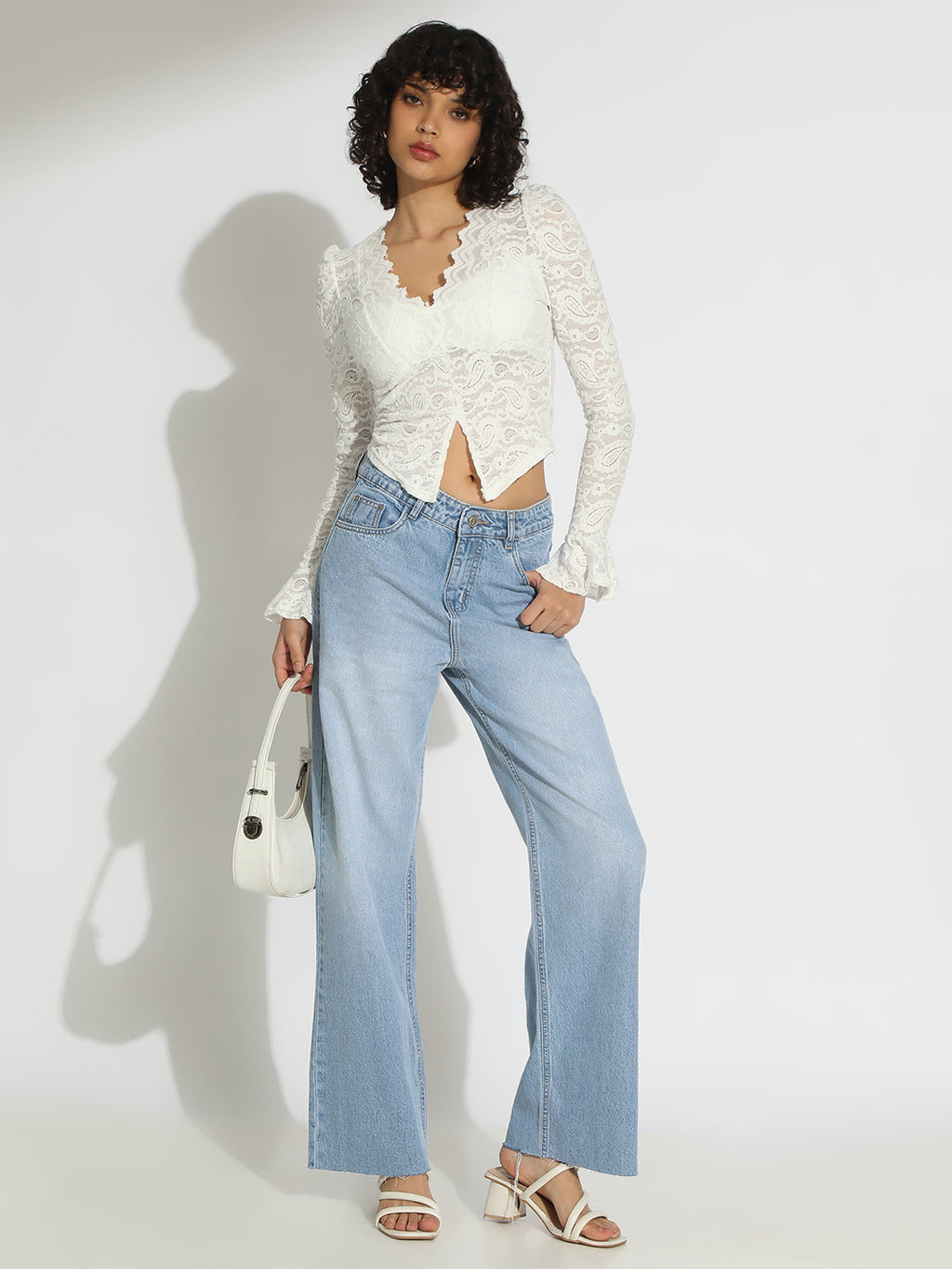 Women's Floral White Scallop V-Neck Sheer Lace Fitted Top