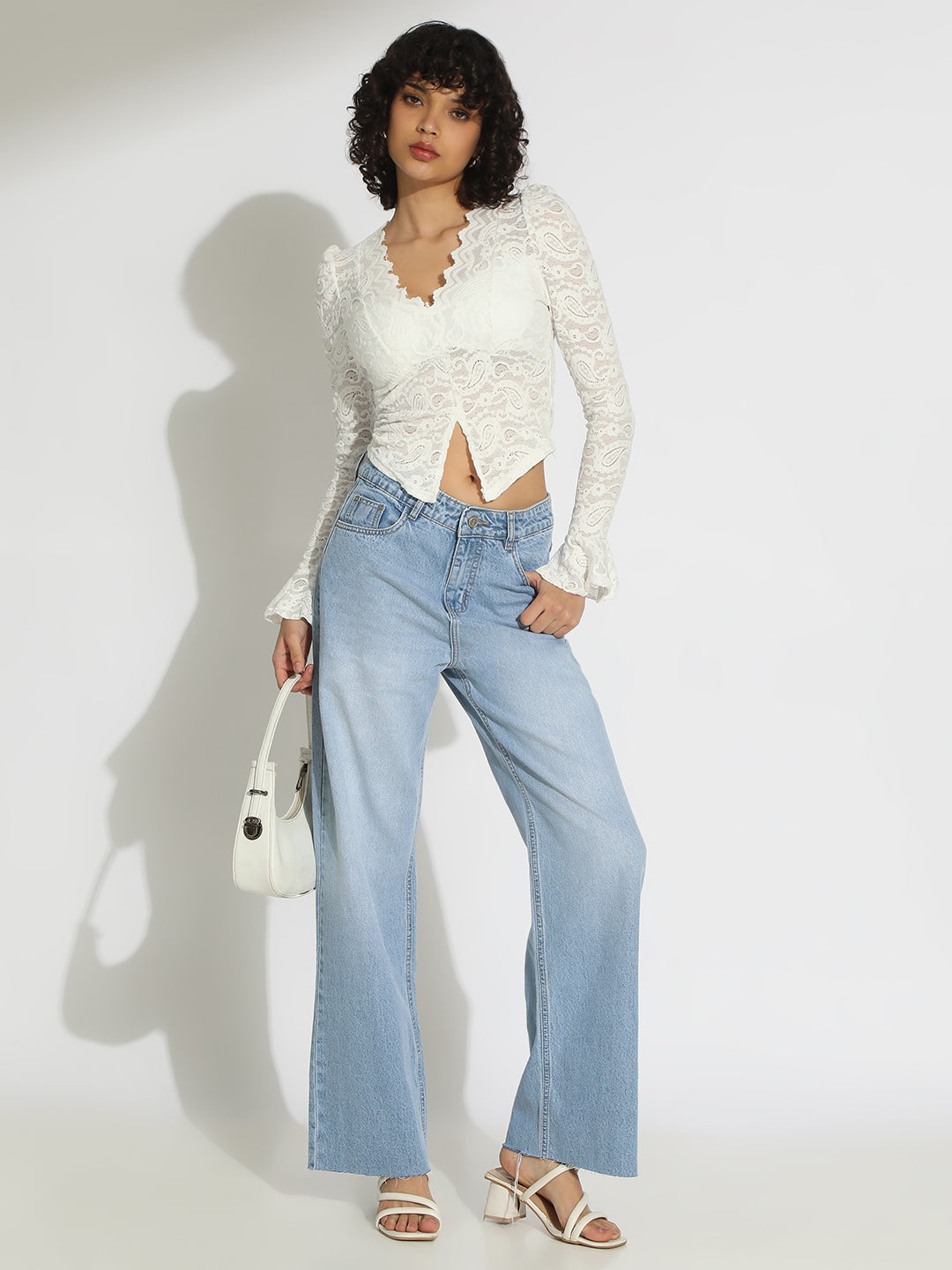 Women's Floral White Scallop V-Neck Sheer Lace Fitted Top